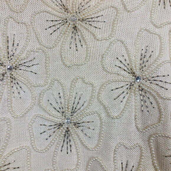 Vtg 80s Victoria Jones Knit Crewneck Sweater P Medium Floral Faux Pearl Beaded - Picture 5 of 8